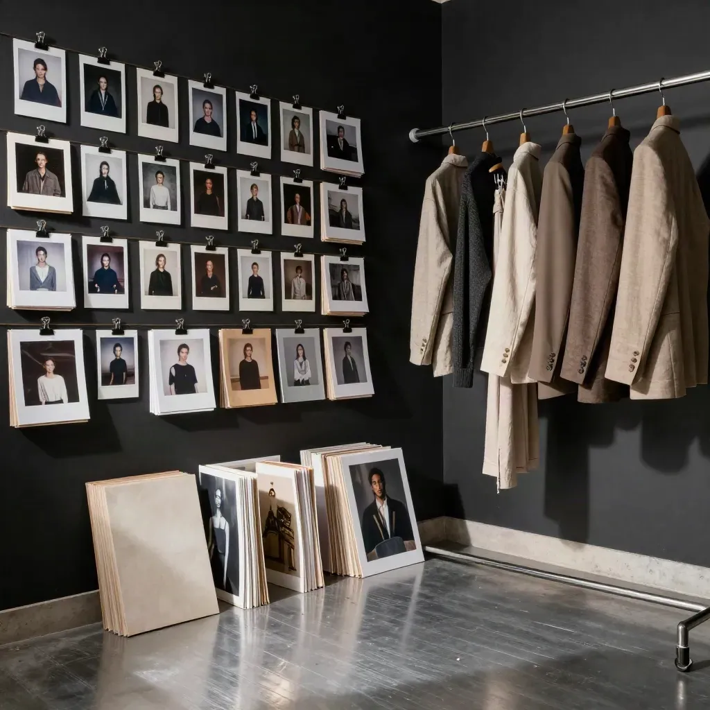 Archiv výběru modelek s polaroidy, foliemi a stojanem s oblečením ve studiovém koutě.