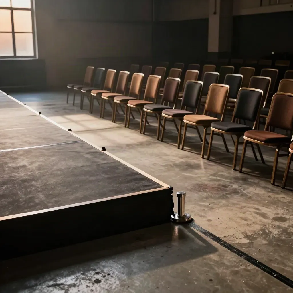 Prázdná runway s židlemi, světly u okraje a páskou na podlaze v teplém odpoledni.
