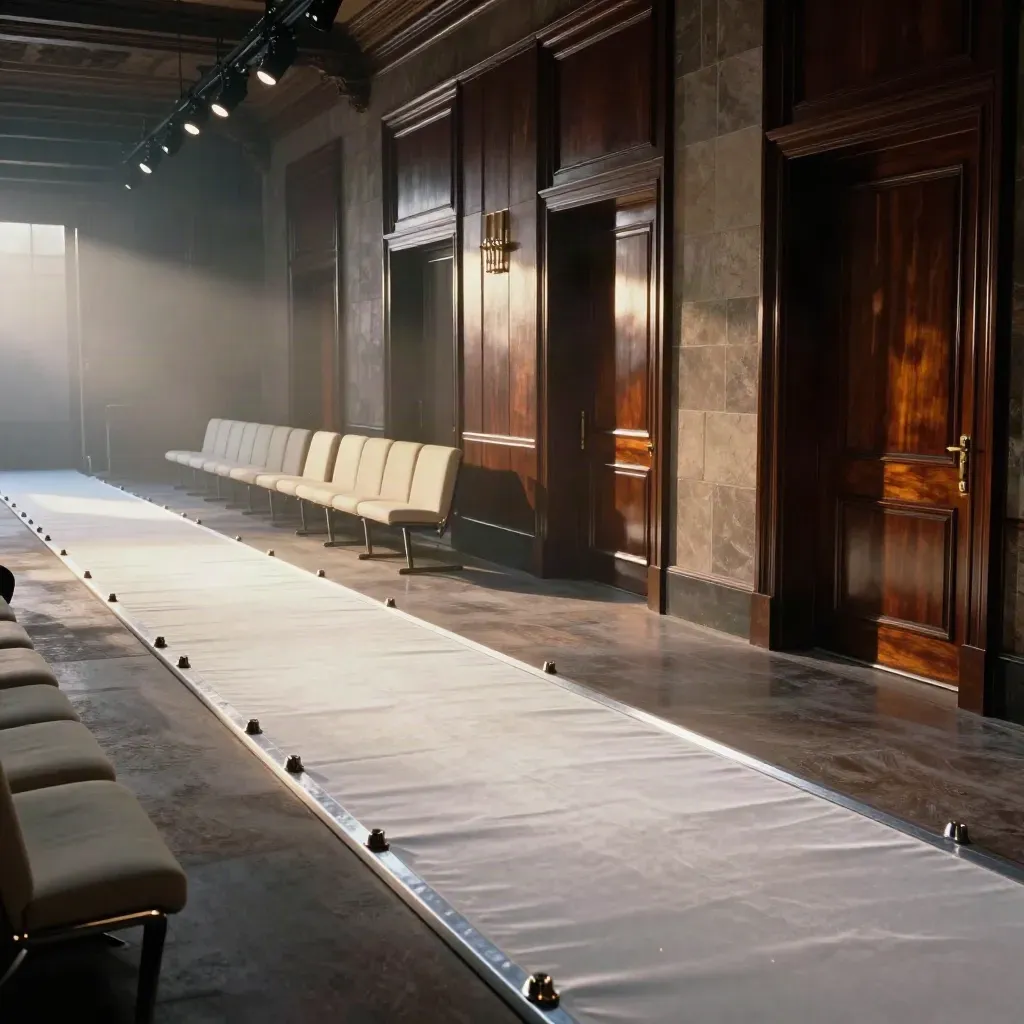 Prázdné molo s osvětleným runway, řadami sedadel a lesklými dveřmi zákulisí.
