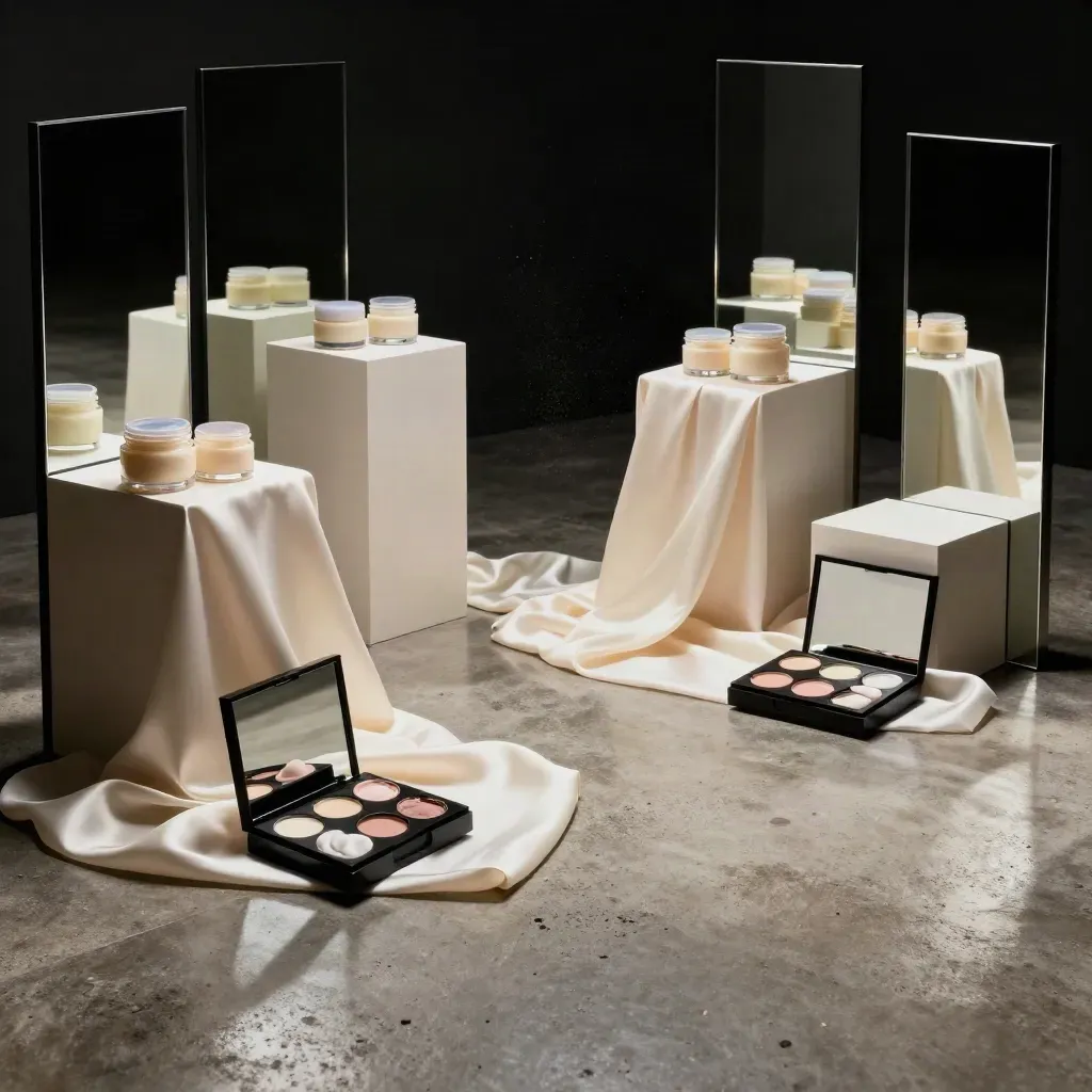 Beauty set s devíti krémovými podstavci, zrcadly a pudrovým oparem v temném studiu.