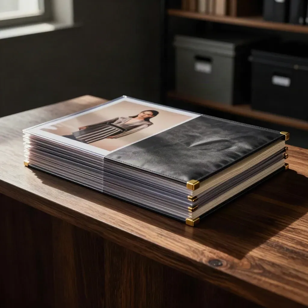 Tmavý prezentační folio set s proofy, obálkami a zlatým akcentem v dramatickém světle.