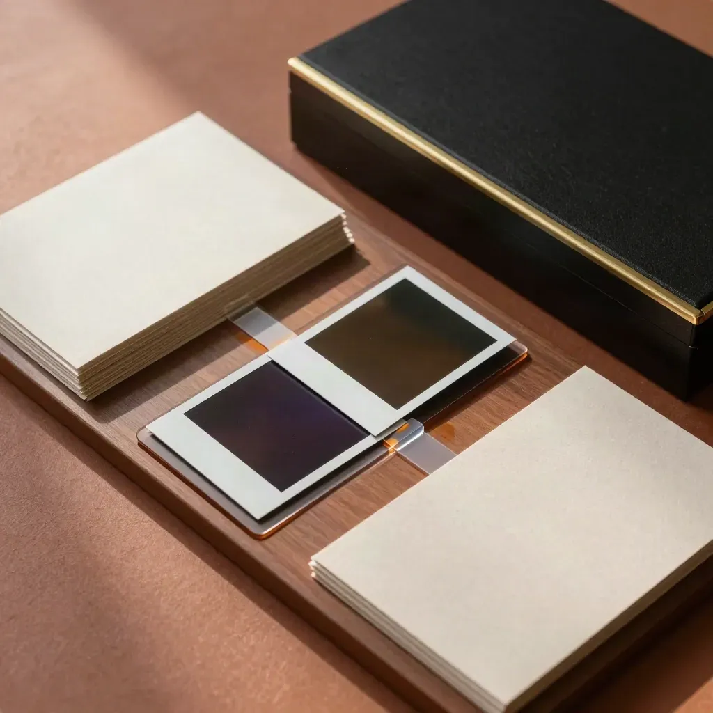 Shora snímaný tray s polaroidy, acetátovými přepážkami a černým archivním víkem.