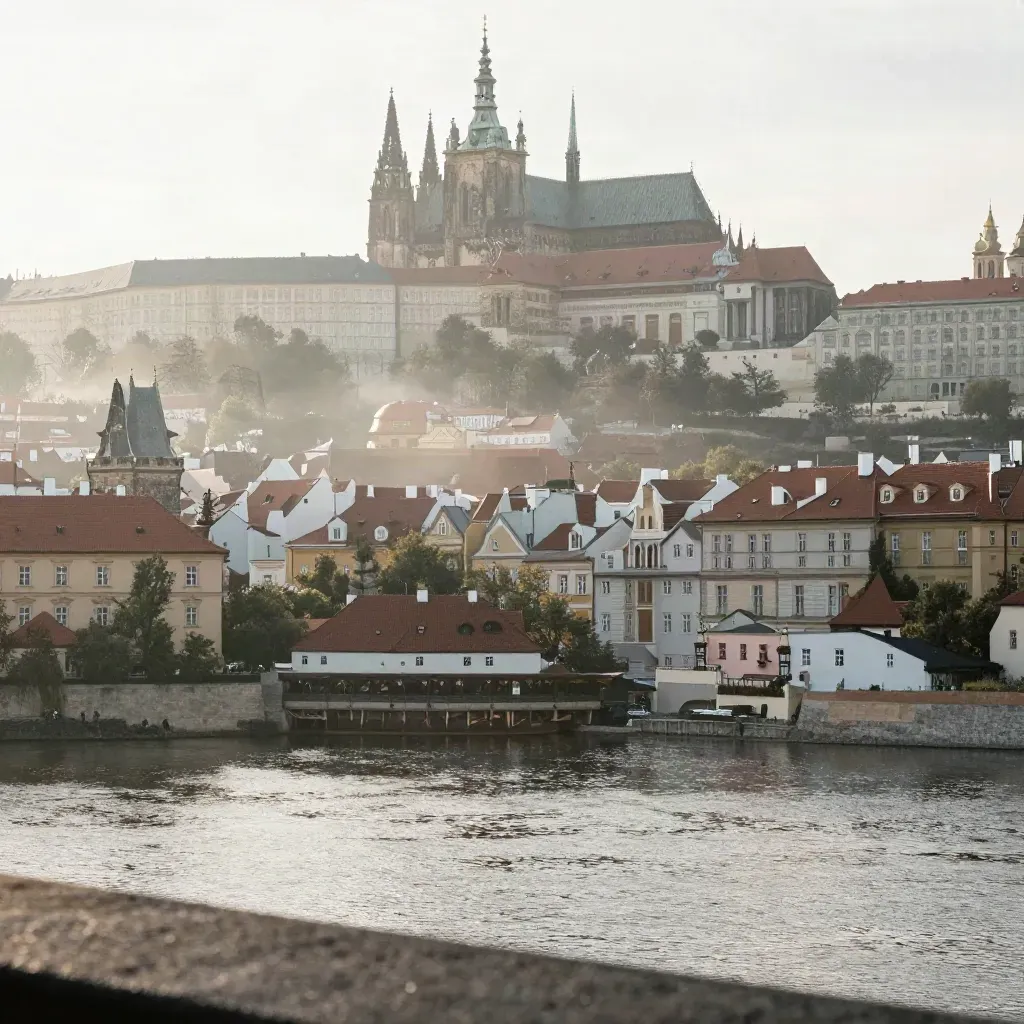 Mlžné svítání nad Prahou, Hrad a Vltava v horním rámu, klidná stříbrná hladina dole.